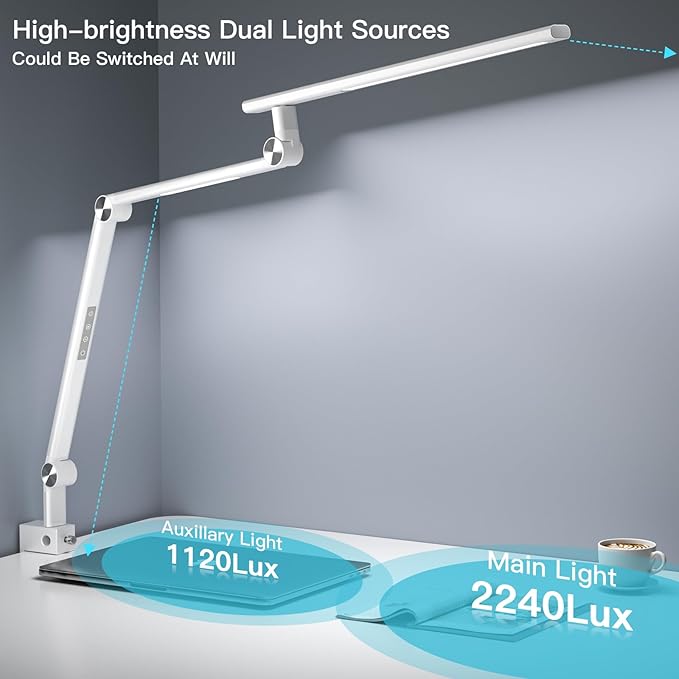 LED Desk Lamp, Desk Light for Home Office, Dual Light Source 18W Brightest, Eye-Caring Optical Lens, Office Lamp, 5 Color Modes & Brightness, Aluminum Alloy Drafting Light, Clamp Lamp, White