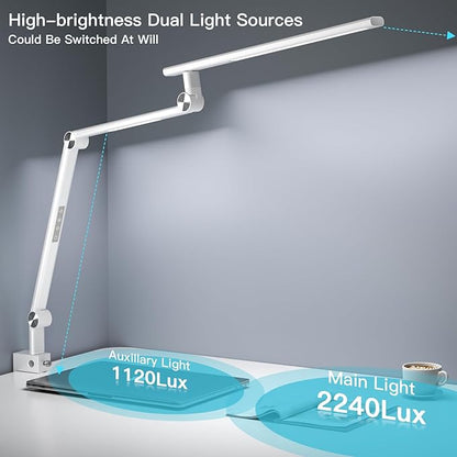 LED Desk Lamp, Desk Light for Home Office, Dual Light Source 18W Brightest, Eye-Caring Optical Lens, Office Lamp, 5 Color Modes & Brightness, Aluminum Alloy Drafting Light, Clamp Lamp, White