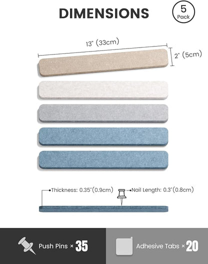 Fluxynara 13" x 2" Felt Wall Panels, Coastal | 5-Pack Cork Board Alternative with 35 Push Pins, Adhesive Mounting for Bedroom Door or Home Office