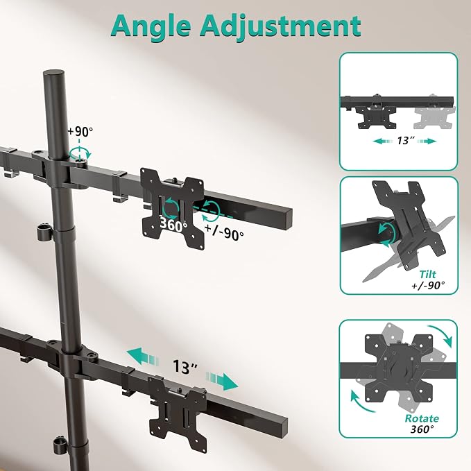 WALI Freestanding Quad Monitor Mount for 17-27 Inch Screens, Fully Adjustable 4 Monitor Stand with Swivel, Tilt, Rotation, Glass Base, Max Load 22 lbs per Arm (GMF004), Black
