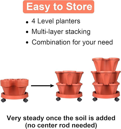 DUNCHATY Stackable Planters 4 Tier Vertical Garden Planting Tower Planters Strawberry, Herb, Flower, and Vegetable Planter Indoor Outdoor Gardening Pots with Removable Wheels and Tools