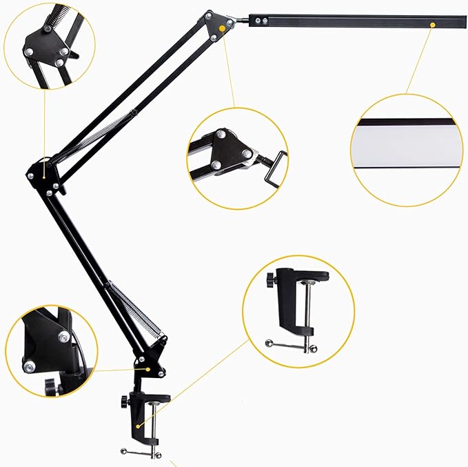 LED Desk Lamp, Adjustable Swing Arm Lamp with Clamp, Eye-Caring Reading Light, 10 Brightness Levels, 3 Lighting Modes, Memory Function Lamps for Home Office Adapter (Black)