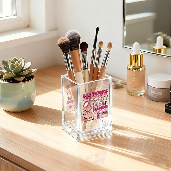 She Works Willingly With Her Hand Acrylic Cosmetic Holder, Inspirational Makeup Brush Holder Gifts, Christian Bible Verses Gifts for Cosmetologist, Bathroom Vanity Storage for Makeup Brushes