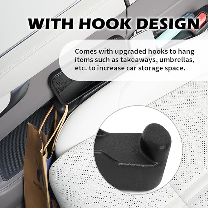2PCS Car Seat Gap Filler Organizer,3 in 1 Car Seat Side Gap Filler with Hook for Avoiding Dropped Items,Universal No Drop Seats Guard for Filling Gaps 1.37-1.49 Inch Wide (Black)
