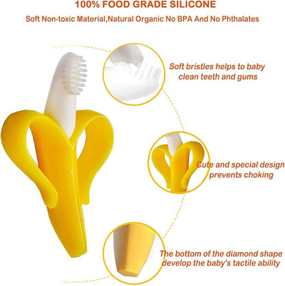 Finger Baby Toothbrush and Banana Teether, Soothing Pain Relief Silicone Baby Teething Toy for Babies, Toddlers, Infants, BPA Free, Soothes Babies Sore Gums(1 Teether 2 Finger Toothbrushes)