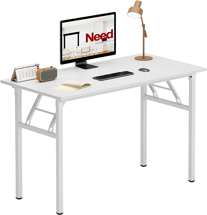 Need Office Computer Desk 39.3 Inch Sturdy Folding Laptop Table White | White Frame Writing Gaming Work Table/Foldable Home Office Desk/Sewing Table, No Assembly Required