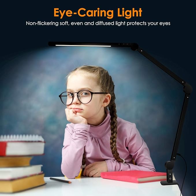 Desk Lamp with Clamp | Swing Arm Desk Light | Eye Caring Table Lamp, Dimmable, 5 Color Modes, Memory, Timer | Modern Architect Desk Lamps for Home Office Study Work Task Drafting Workbench