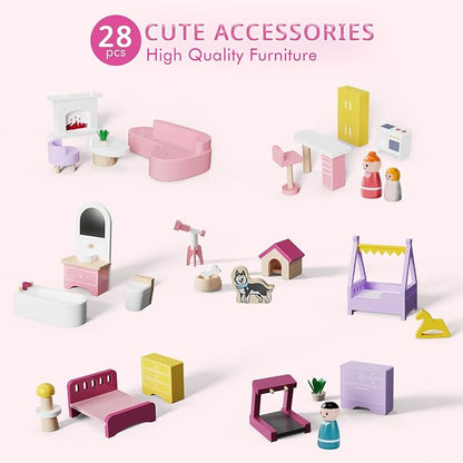 Wooden Doll House with 53Pcs Furniture Doll House, 6 Rooms Toddler Dollhouse Includes Spiral Wooden Staircase and Balcony, Modern Family Dollhouse with Realistic Design Gift for Ages 3+ Pink