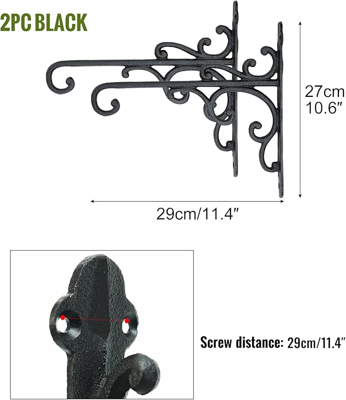 Sungmor Cast Iron Wall Hook Plant Hangers - Home & Garden Heavy Duty Hanging Bracket Plant Hooks - 2PC BLACK Decorative Wall Mount Hooks for Hanging Planter Pot Bird Feeder Birdcage Lantern Wind Chime