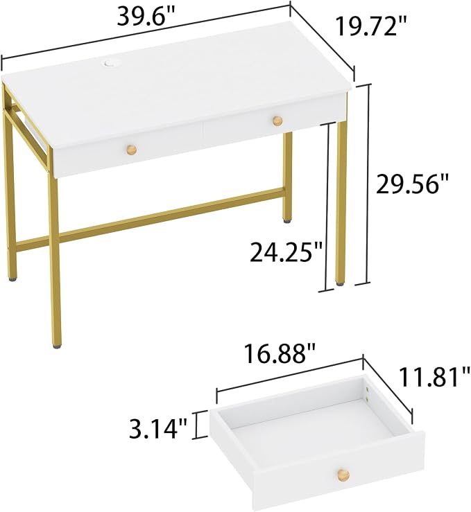 Weehom Computer Desk with Drawers, Home Office Workstation, White Gold | Sturdy and spacious workstation for writing, studying and gaming, Suitable for PC and laptop use