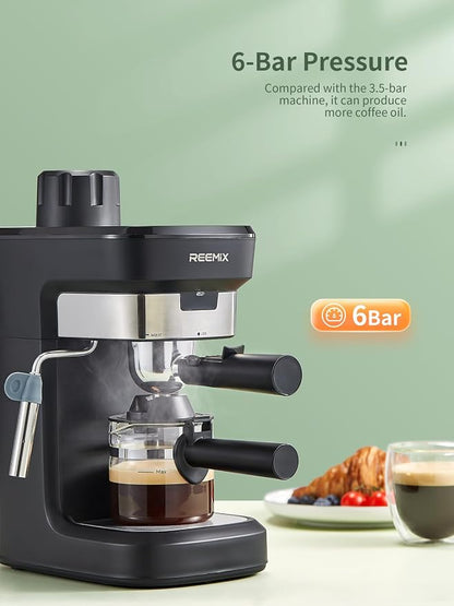 Reemix Espresso Machine 6 Bar, Rich Crema Coffee Maker | Auto Pressure Relief, Compact Home Coffee Brewer Machine, Black