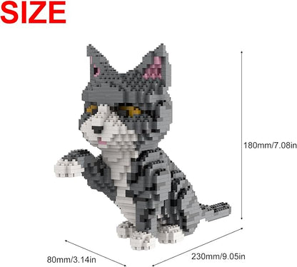 Larcele Cat Mini Building Blocks Animal Set, DIY Micro 3D Building Toy Bricks,1300 Pieces KLJM-05(Grey and White Cat)