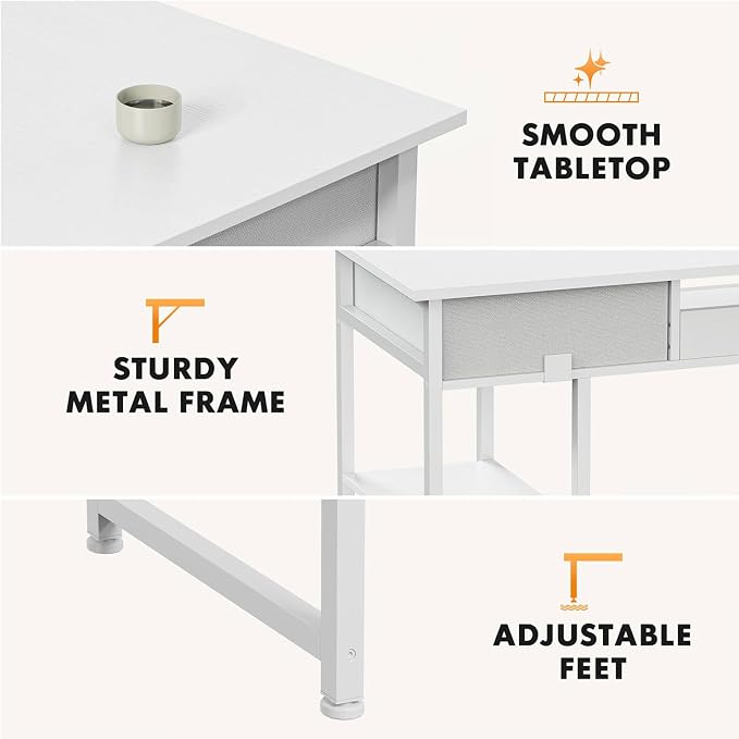 47 Inch Computer Desk with 2 Drawers, Home Office Desk with Wooden Shelves, Study Writing PC Table for Small Spaces, Bedroom, Dorm or Living Room, White