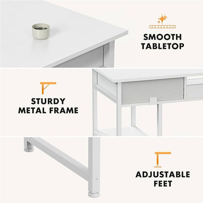 47 Inch Computer Desk with 2 Drawers, Home Office Desk with Wooden Shelves, Study Writing PC Table for Small Spaces, Bedroom, Dorm or Living Room, White