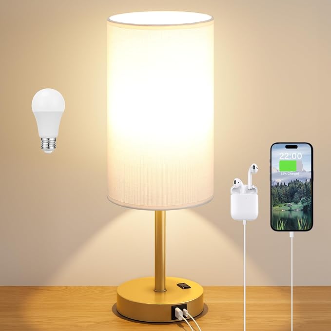 Dicoool 17.4" Bedside Lamp for Bedroom - Dimmable Touch, USB A+C, AC Outlet | LED Bulb Included, 3-Way Dimmable, 17.4" Table Lamp for Living Room, Dorm, White Fabric Lampshade, Gold Metal Base