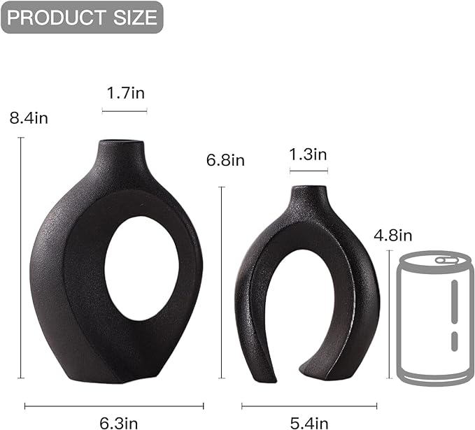 Lvases Snuggle Hollow Modern Ceramic Vase Set of 2, Mid Century Nordic Aesthetic Decorative Vase Decorative Vases for Home Table Decor (Matte Black W 6.3" X H 8.4")