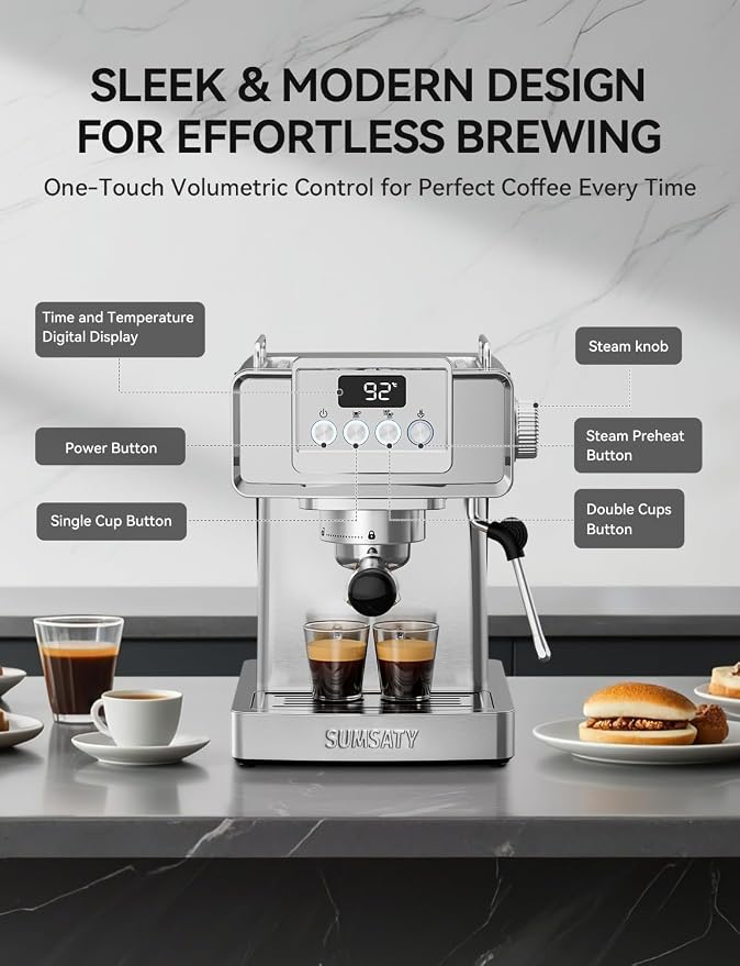 SUMSATY 20 Bar Espresso Machine Stainless Steel with Powerful Milk Frother | LED Display Espresso Coffee Machine 1350W Fast Heating Home Barista to Make Latte Cappuccino, Pre-Infusion, 61oz Water Tank