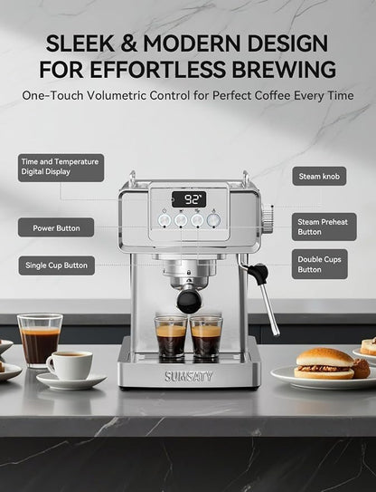 SUMSATY 20 Bar Espresso Machine Stainless Steel with Powerful Milk Frother | LED Display Espresso Coffee Machine 1350W Fast Heating Home Barista to Make Latte Cappuccino, Pre-Infusion, 61oz Water Tank