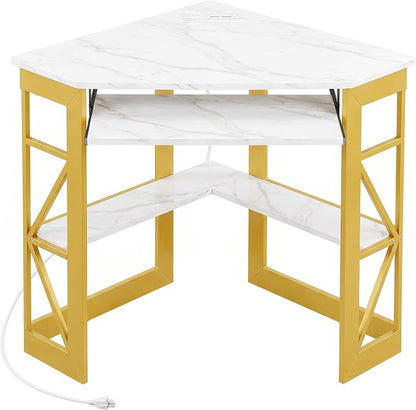 VECELO Corner Desk, Triangle Computer Desk for Small Space with Charging Station and Keyboard Tray, Corner Makeup Table with Storage Shelves for Home Office Bedroom, 41x30, Gold