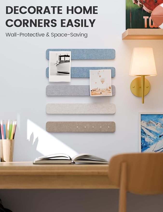 Fluxynara 13" x 2" Felt Wall Panels, Coastal | 5-Pack Cork Board Alternative with 35 Push Pins, Adhesive Mounting for Bedroom Door or Home Office