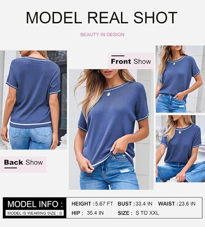 SHEWIN Womens Tops Trendy Short Sleeve Shirts Crewneck Lightweight Knit Sweater Top Business Casual Outfits