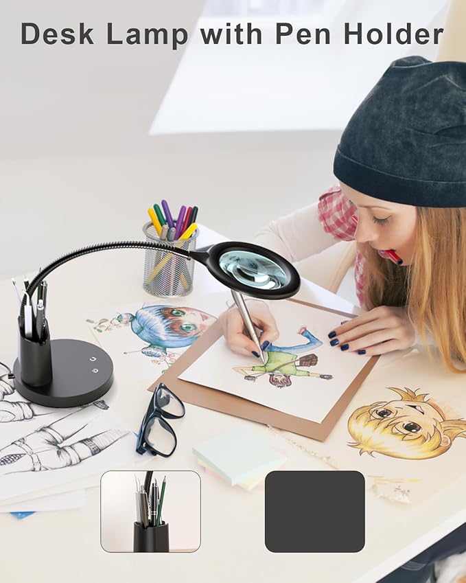 Sailstar Magnifying Glass with Light, 5X Magnifying Lamp, 3 Color Modes Lighted Magnifying Glass, LED Desk Lamp, Pen Holder, Flexible, 800LM, CRI 90, Magnifier with Light for Crafts Close Work, Black