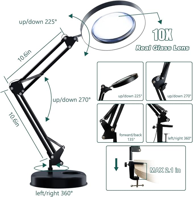 Magnifying Glass with Light and Stand, 10X Magnifying Lamp, 2-in-1 LED Lighted Desk Magnifier with Light, Craft Light Lamp with 3 Color Modes for Close Work Reading Repair Crafts