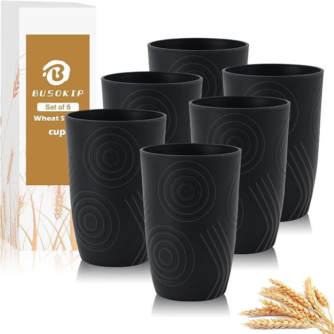 Wheat Straw Cups 6 Pcs, 16 OZ Plastic Drinking Cups, Unbreakable Plastic Drinking Glasses, Alternative to Plastic Cups Reusable, Dishwasher Safe Kitchen Cups for Party, Bathroom, RV (Black)