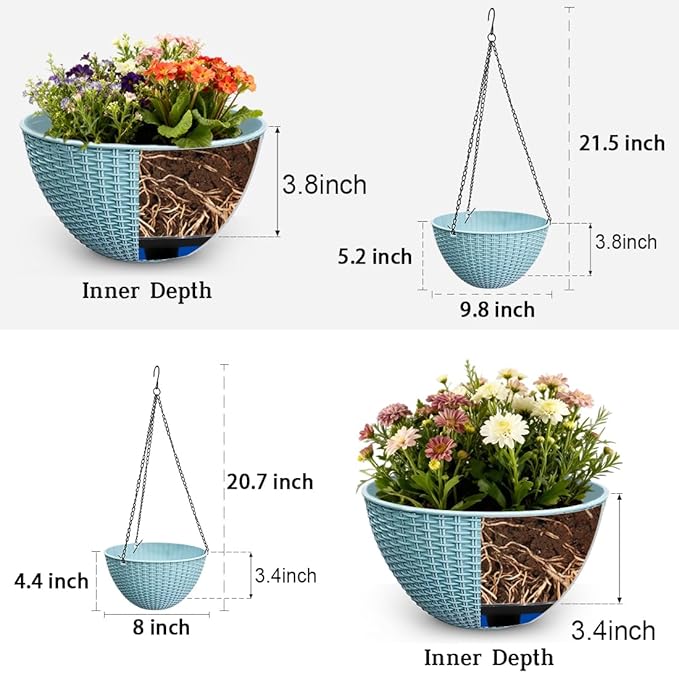 Hanging Planters for Outdoor Plants 8/10 Inch, 4 Packs Hanging Flower Pot Indoor with Drainage Holes, Self-Watering Hanging Basket Perfect for Home, Office and Garden (Sky Blue)