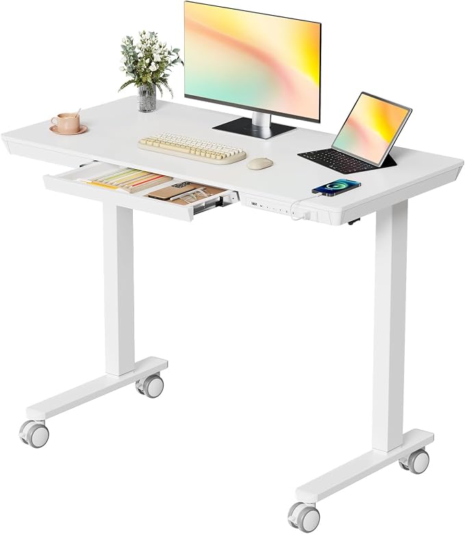 40" Electric Stand up Desk with Drawer, Height Adjustable | Sit Stand Home Office Desk with Storage, One-Piece Tabletop with USB Charging Ports, Quick Assembly Computer Desk on Wheels