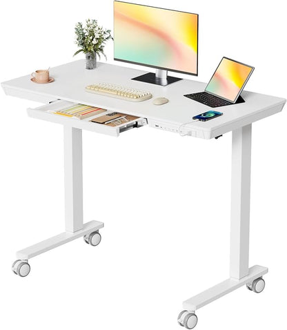 40" Electric Stand up Desk with Drawer, Height Adjustable | Sit Stand Home Office Desk with Storage, One-Piece Tabletop with USB Charging Ports, Quick Assembly Computer Desk on Wheels