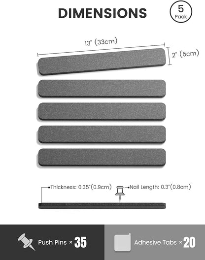 Fluxynara 13" x 2" Felt Wall Panels, Charcoal Gray | 5-Pack Cork Board Alternative with 35 Push Pins, Adhesive Mounting for Bedroom Door or Home Office