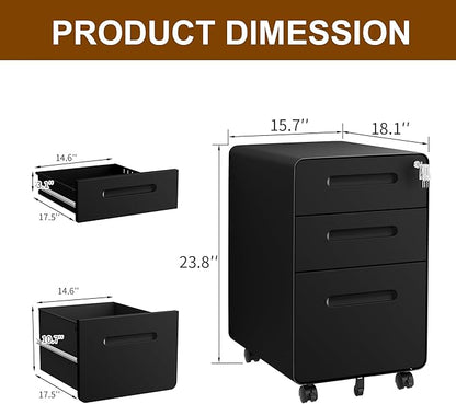 3 Drawer File Cabinet with Lock and 4 Keys, Mobile Metal Filing Cabinet, File Cabinets for Home Office, Under Desk, Pre-Assembly, File Drawer, Letter/Legal/A4 Hanging File Folders