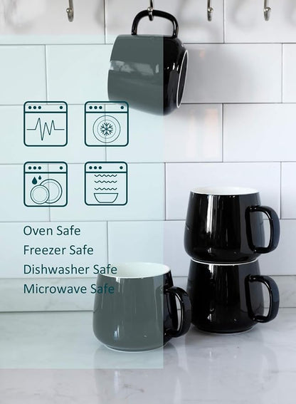 Teocera Ceramic Coffee Mug Set of 4-12 oz Coffee Mugs with Large Handles for Hot or Cold Drinks Like Latte, Cocoa, Tea or Juice - Smooth Ceramic, Dishwasher Safe，Black