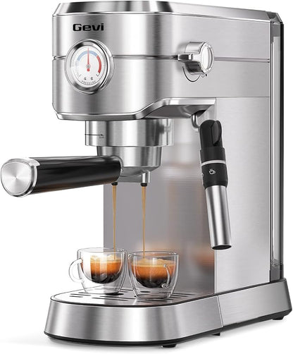 Gevi 20 Bar Espresso Machine with Milk Frother,Compatible with Pods&Ground | Compatible with Nespresso Pods&Ground; Built-in pressure gauge; Removable Water Tank; Make Americanos、Latte; Easy to Clean;