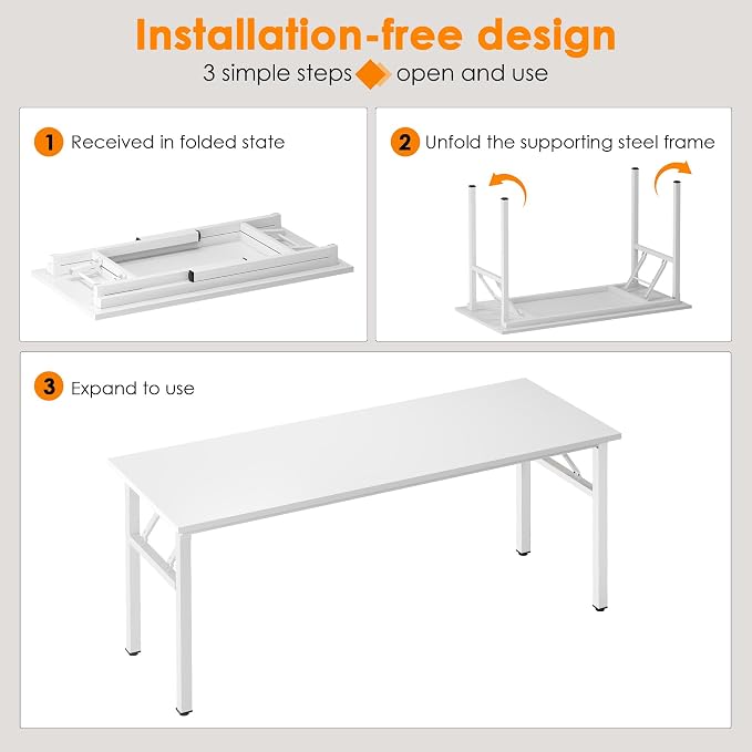 Need Office Computer Desk 54.3 Inch Sturdy Folding Laptop Table White | White Frame Writing Gaming Work Table/Foldable Home Office Desk/Sewing Table, No Assembly Required