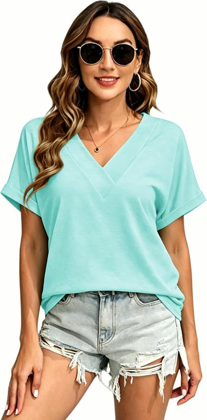 T Shirts Short Sleeve V Neck Tees Womens Tops Beach Vacation Fashion Clothes 2026 Casual Summer Spring Fall Outfits
