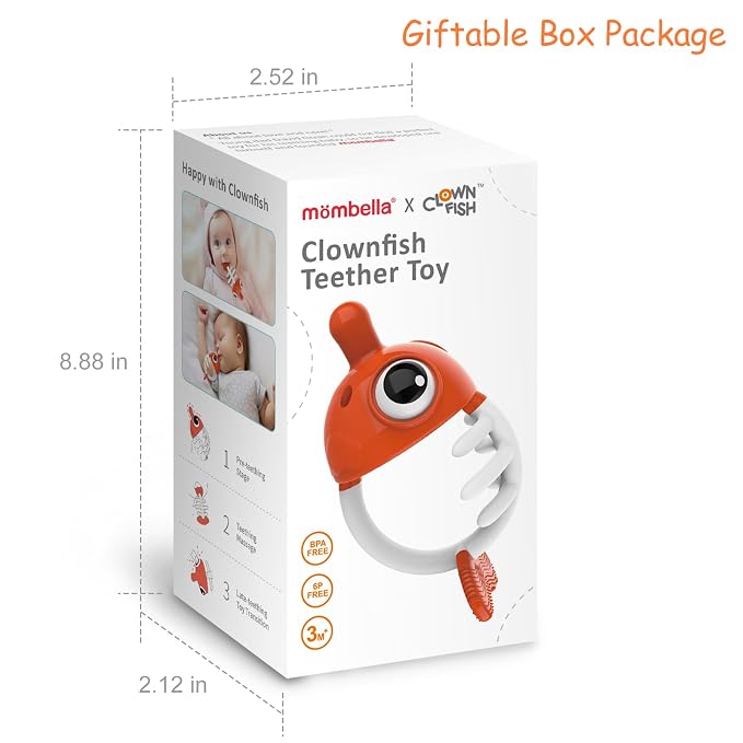 Teething Toys 3-6 Months, Mombella Clownfish Teethers for Babies 6-12 Months, Soft Silicone Baby Teether Toys with Anti Drop Clip, Baby Chew Toys 6 to 12 Months, Infant Teething Relief Toy, Orange