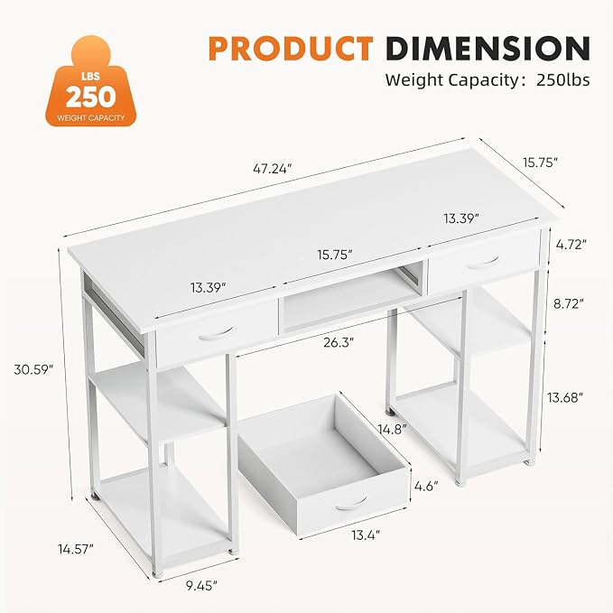 47 Inch Computer Desk with 2 Drawers, Home Office Desk with Wooden Shelves, Study Writing PC Table for Small Spaces, Bedroom, Dorm or Living Room, White