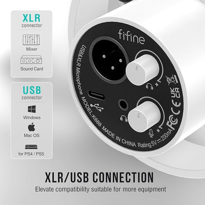 FIFINE AmpliTank K688TW Podcast XLR/USB Microphone Kit, Dynamic Vocal Mic | Studio PC Microphone with Boom Arm, Mute, Headphone Monitoring, for Recording, Streaming, Voice-Over, Online Teaching, White