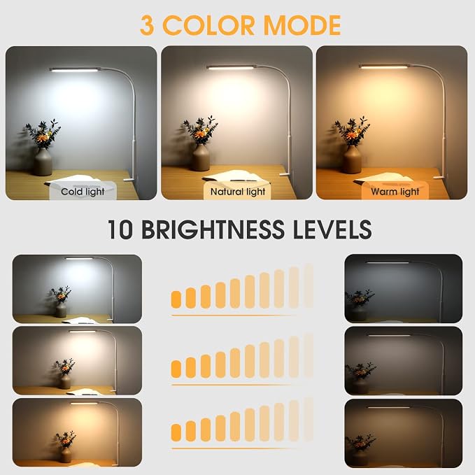 Voncerus LED Desk Lamp with Clamp, Eye-Caring Clip on Lights for Home Office, 3 Modes 10 Brightness, Long Flexible Goose-Neck, Metal, Swing Arm Architect Task Table Lamps with USB Adapter, White | 3 Modes 10 Brightness, Long Flexible Goose-Neck, Eye-Ca...