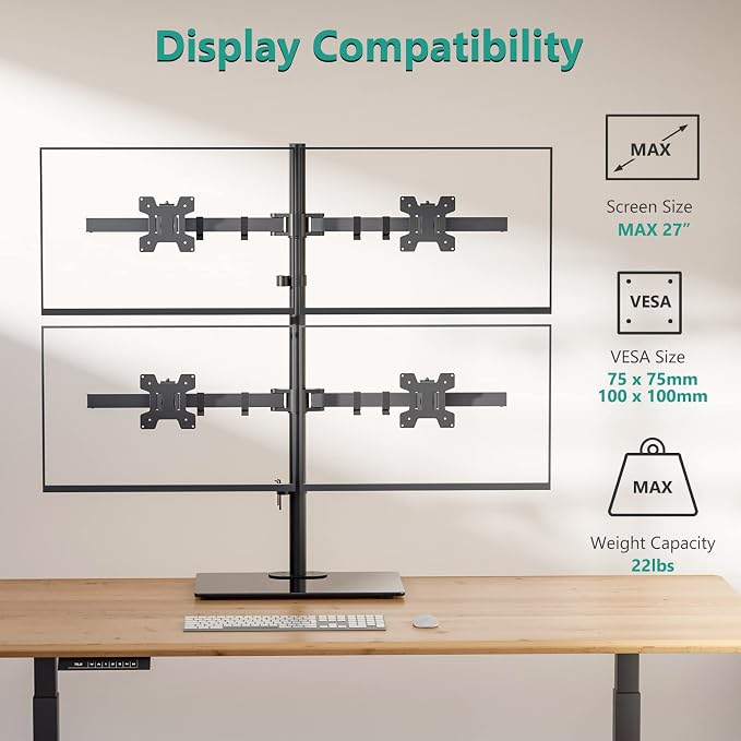 WALI Freestanding Quad Monitor Mount for 17-27 Inch Screens, Fully Adjustable 4 Monitor Stand with Swivel, Tilt, Rotation, Glass Base, Max Load 22 lbs per Arm (GMF004), Black