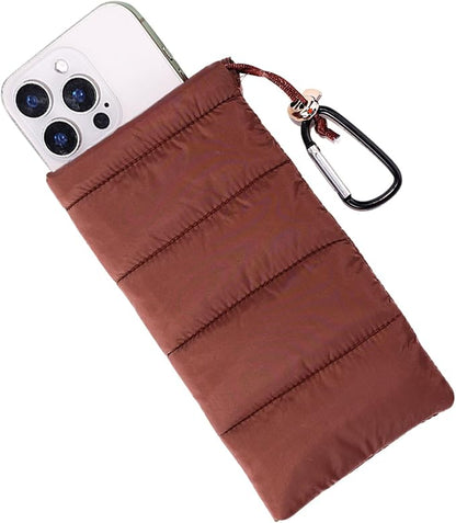Lyreh Thermal Phone Pouch, Down Cotton Warm Phone Case Cover Bags Prevents Freezing & Overheating Protector Cellphone Pouch with Carabiner Ideal for Outdoor Camping Hiking Skiing (Brown)