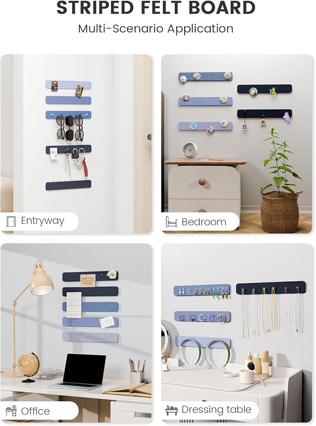 Fluxynara 13" x 2" Felt Wall Panels, Denim Mist | 5-Pack Cork Board Alternative with 35 Push Pins, Adhesive Mounting for Bedroom Door or Home Office