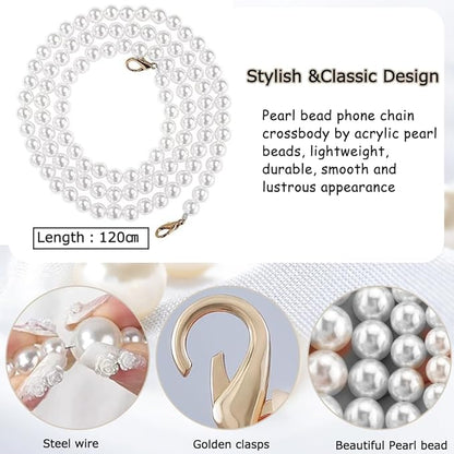 Phone Chain Crossbody Pearl Strap, Pearl Beaded Chain Shoulder Crossbody Lanyard with Phone Tether Patches Compatible with Most Phones Bag Purse