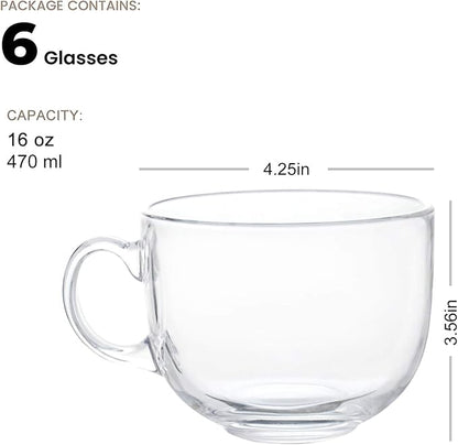 Maredash 16oz Glass Jumbo Mugs With Handle 6pcs | For Coffee, Tea, Soup,Clear Drinking Cup