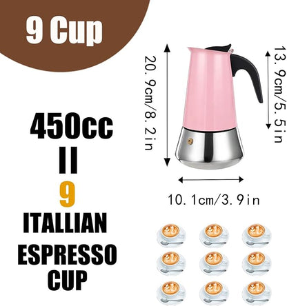 9 Cup Stovetop Espresso Maker Stainless Steel Moka Pot Stove Top Percolator Italian Coffee Makers Capable Mocha Greca Machine Cafe Classic Induction Cookers for Home and Camping 450ml 15oz