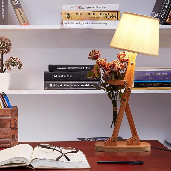 ELINKUME Table Lamps for Kids Bedside Bedroom Reading with Linen Lampshade,Wood Swing Arm LED Desk Lamp for Home Decoration,Study and Working Lighting,Creative Gifts for Boys and Girls