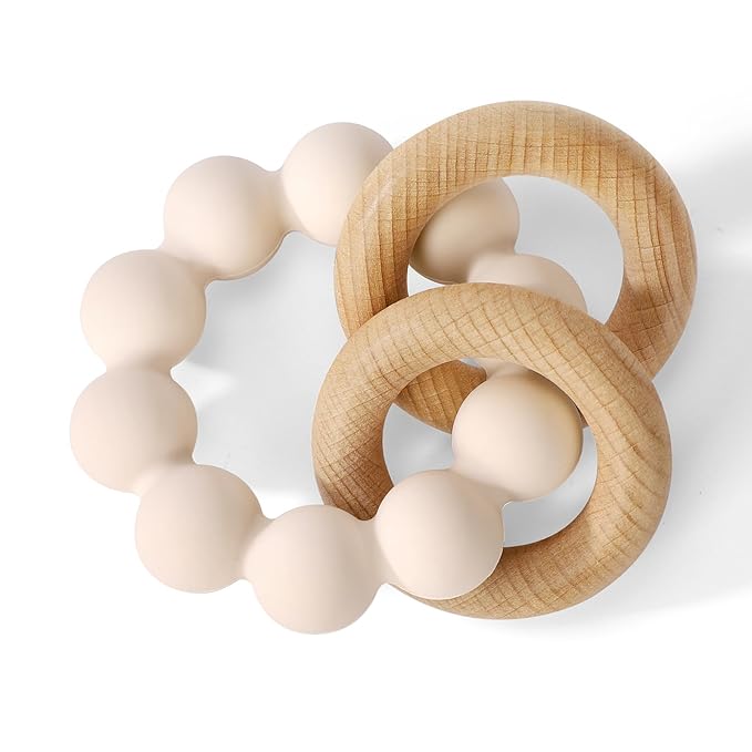 Socub Baby Teething Toys for 0-6 6-12 Months- BPA-Free Food-Grade Silicone & Natural Beech Wood Teether Ring for Newborn Infants Teething Relief- Easy-Grip Sensory Rattle Toys(Shifting Sand)