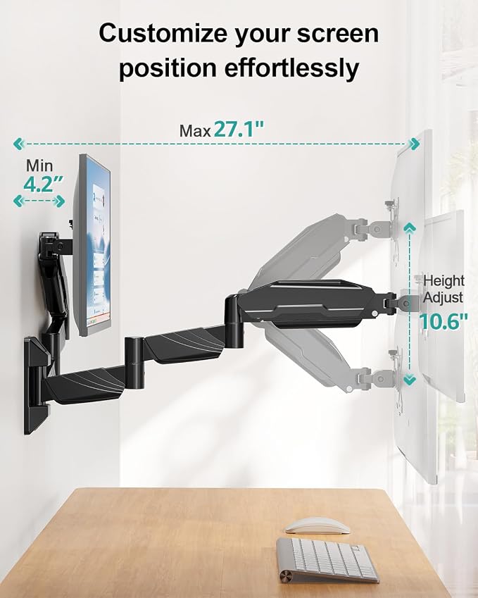Long Arm Dual Monitor Wall Mount, Gas Spring Wall Monitor Arm for 17-32" Screens, 27.1" Extra Long Monitor Mount, Holds up to 17.6 lbs Each, Full Motion VESA Mount, 75/100, Black